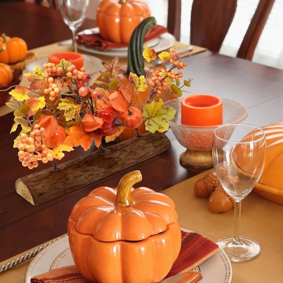 Artificial Floral Arrangement Table Decor with Autumn Faux Pumpkin Maple Leaves - Picture 5 of 6